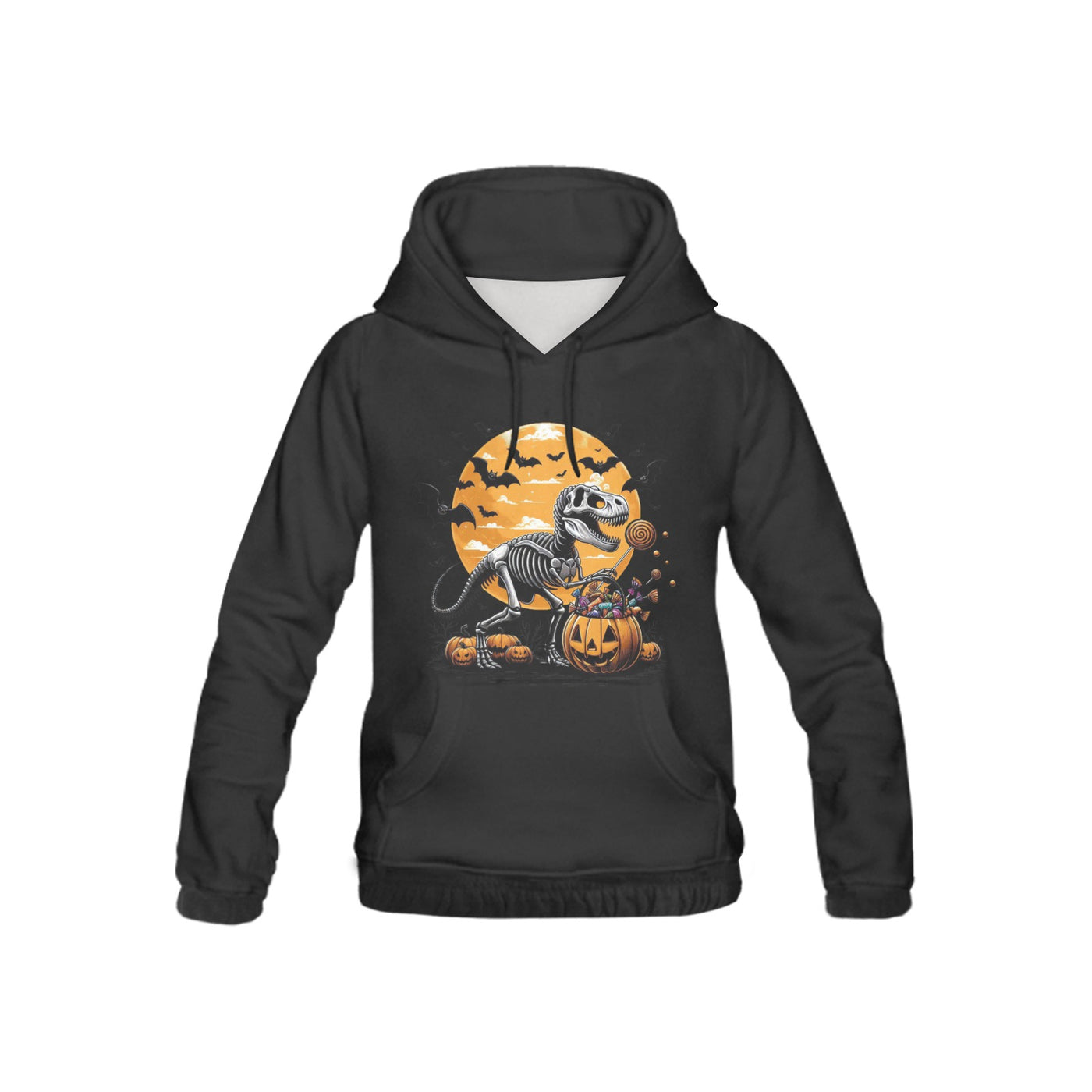 Black hoodie with Halloween-themed design featuring a skeleton dinosaur on pumpkins against a moonlit sky.