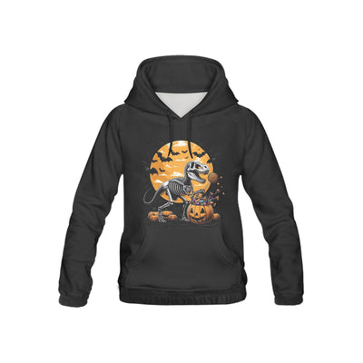 Black hoodie with Halloween-themed design featuring a skeleton dinosaur on pumpkins against a moonlit sky.