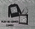 Black sweatshirt and tote bag with 'Straight Outta Chemo' text on a brick wall background.