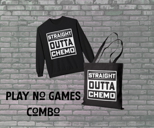 Black sweatshirt and tote bag with 'Straight Outta Chemo' text on a brick wall background.