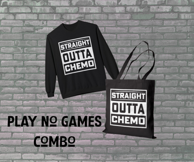Black sweatshirt and tote bag with 'Straight Outta Chemo' text on a brick wall background.