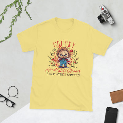 Yellow Halloween t-shirt featuring Chucky with the text 'Good Doll Repair and Playtime Services'.