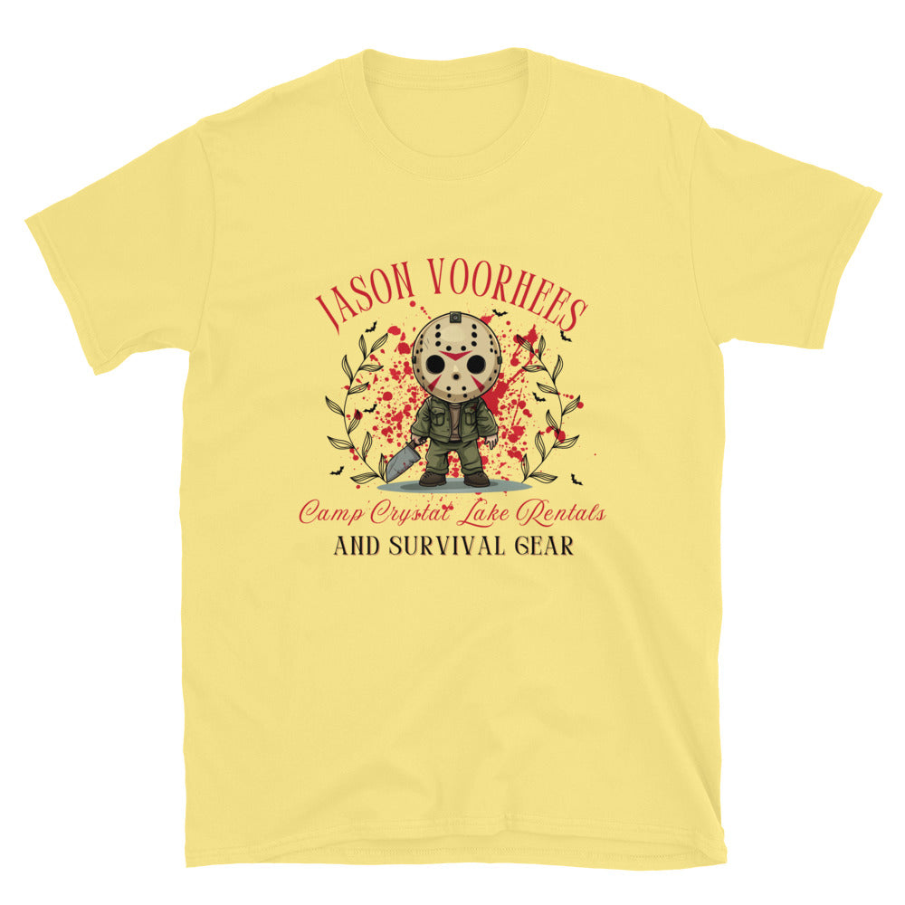 Yellow Halloween tee featuring Jason Voorhees with 'Camp Crystal Lake Rentals & Survival Gear' design.