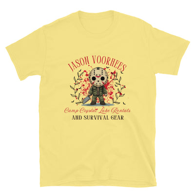 Yellow Halloween tee featuring Jason Voorhees with 'Camp Crystal Lake Rentals & Survival Gear' design.
