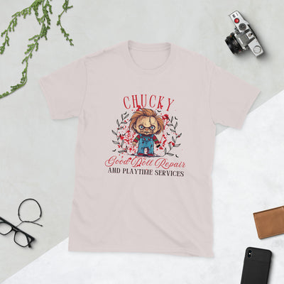 Chucky-themed Halloween t-shirt with 'Good Doll Repair' design, perfect for spooky season and Halloween parties.