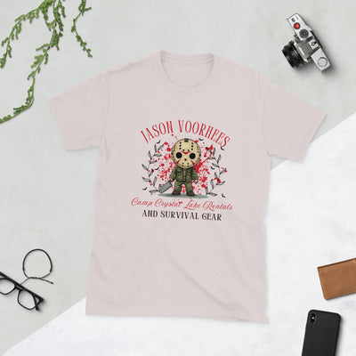 Jason Voorhees Halloween tee featuring Camp Crystal Lake Rentals design perfect for spooky fall vibes.