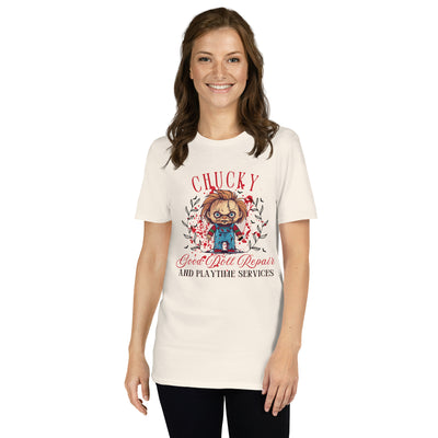 Woman wearing Chucky-themed Halloween t-shirt with doll repair and playtime services design.