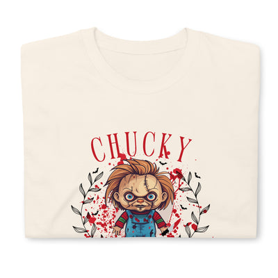 Chucky-themed Halloween t-shirt featuring a cartoonish design of the doll with a bloody background.