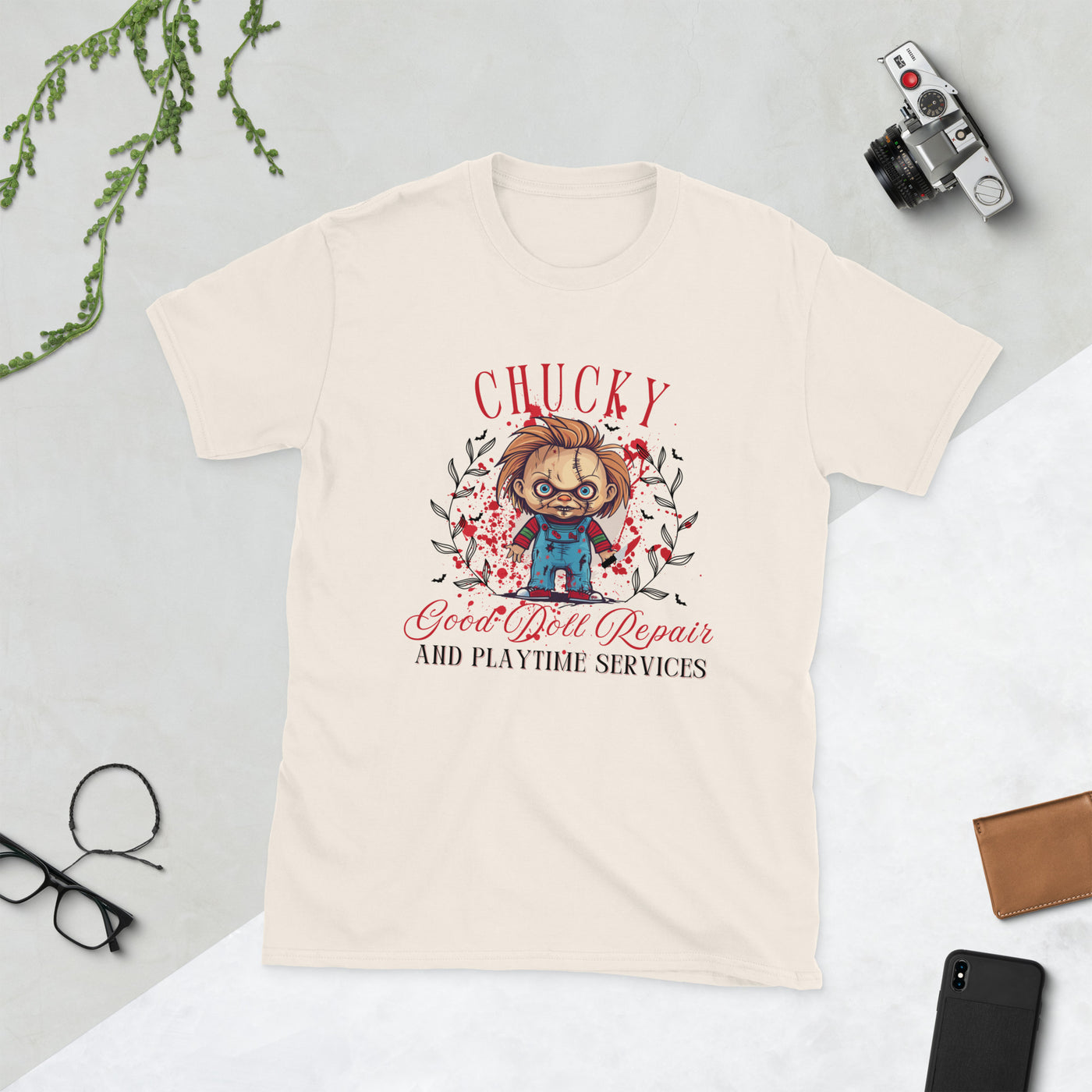 Chucky-themed Halloween tee featuring doll repair and playtime services design, perfect for spooky season.