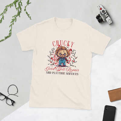 Chucky-themed Halloween tee featuring doll repair and playtime services design, perfect for spooky season.