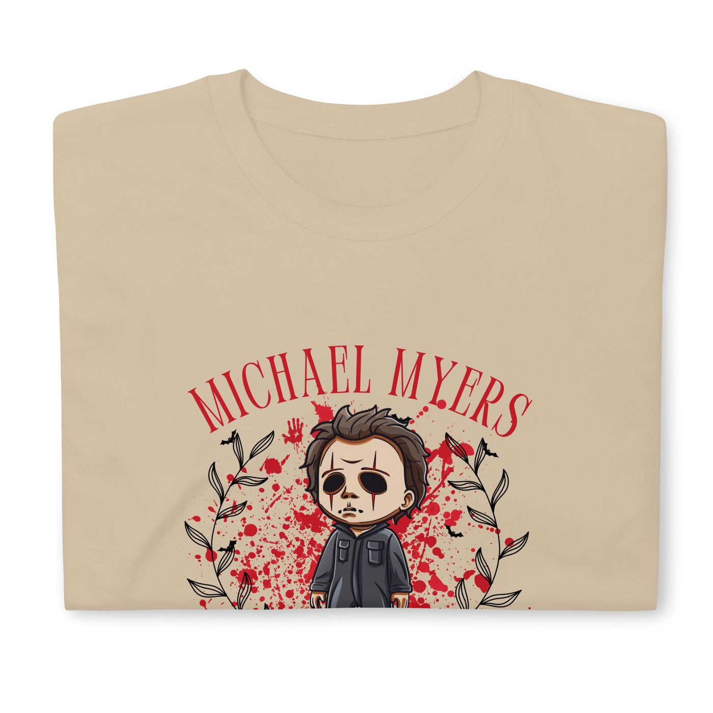 Michael Myers cartoon graphic t-shirt with Halloween theme and blood splatter design.