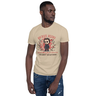 Michael Myers Halloween t-shirt featuring a cartoon graphic, perfect for horror fans and spooky humor lovers.