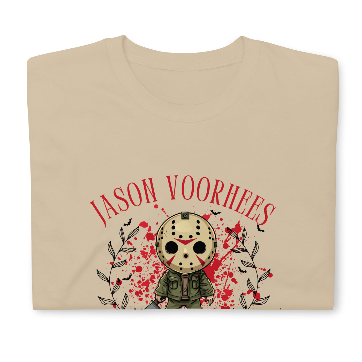 Jason Voorhees Halloween tee with a spooky design and blood splatter, perfect for horror fans.