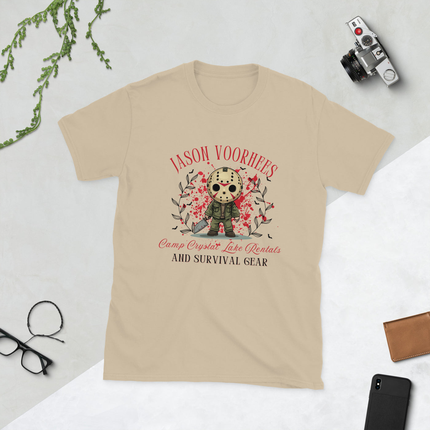 Halloween tee featuring Jason Voorhees with Camp Crystal Lake Rentals design, perfect for spooky vibes.