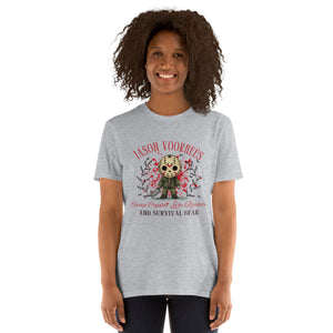 Jason Voorhees Halloween tee with 'Camp Crystal Lake Rentals and Survival Gear' design on a gray shirt.