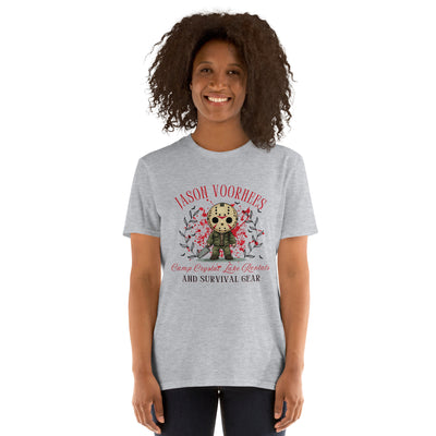 Jason Voorhees Halloween tee with 'Camp Crystal Lake Rentals and Survival Gear' design on a gray shirt.