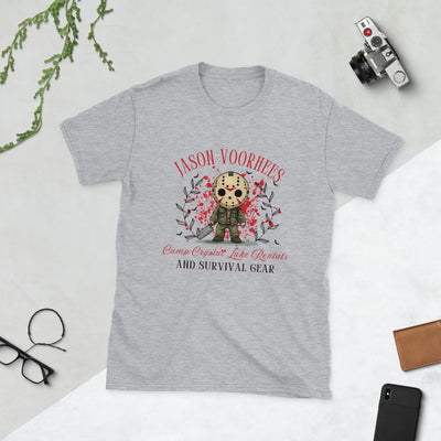 Gray Jason Voorhees Halloween tee featuring Camp Crystal Lake Rentals graphic, perfect for spooky vibes and horror fans.