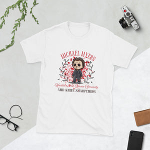 Michael Myers Halloween t-shirt featuring cartoon graphic, home security, and knife sharpening humor.