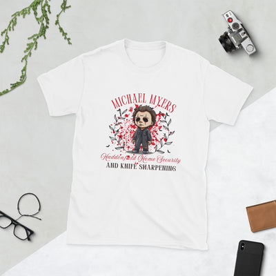 Michael Myers Halloween t-shirt featuring cartoon graphic, home security, and knife sharpening humor.