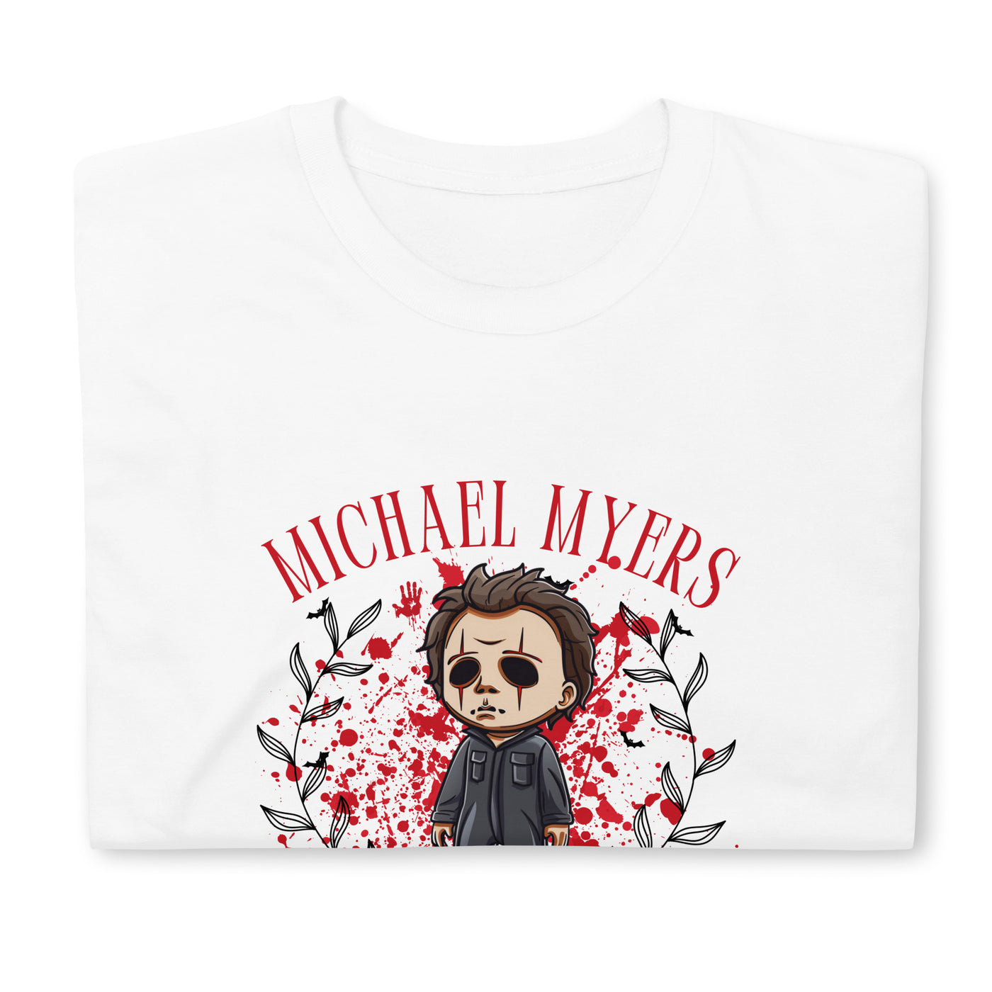 Michael Myers cartoon graphic t-shirt with blood splatter design, perfect for Halloween and horror fans.