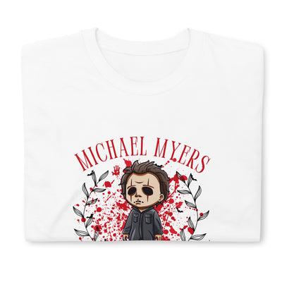 Michael Myers cartoon graphic t-shirt with blood splatter design, perfect for Halloween and horror fans.