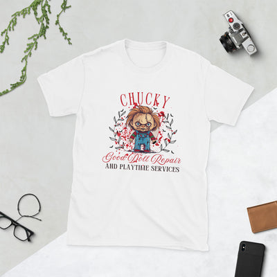 Chucky-themed Halloween t-shirt featuring creepy doll design for repair and playtime services.