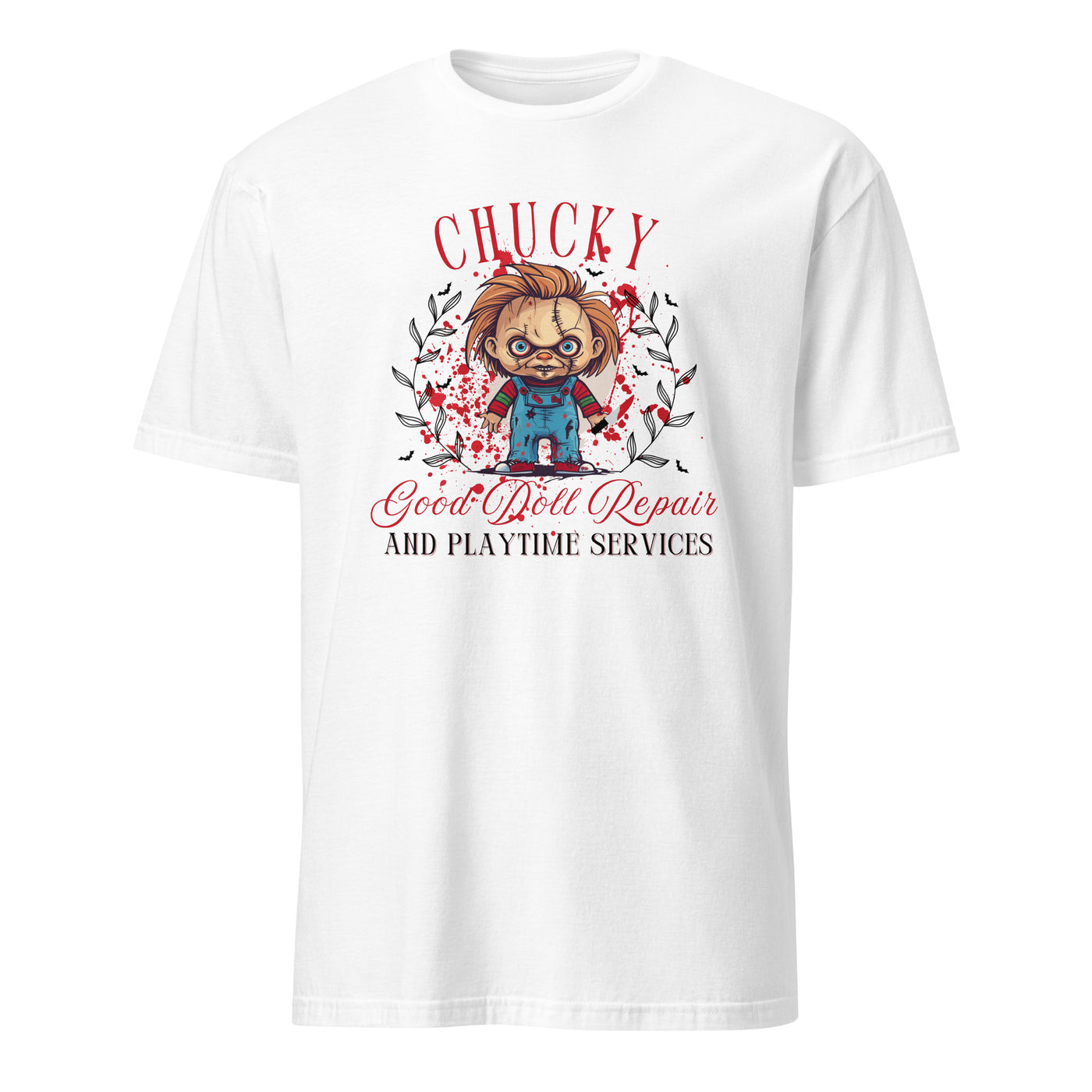 Chucky-themed Halloween t-shirt featuring a quirky design for doll repair and playtime services.