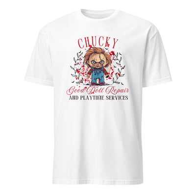 Chucky-themed Halloween t-shirt featuring a quirky design for doll repair and playtime services.