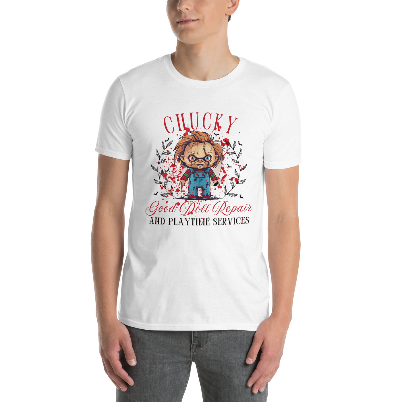 Man wearing a Chucky Halloween t-shirt featuring doll repair and playtime services design.