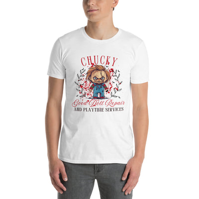 Man wearing a Chucky Halloween t-shirt featuring doll repair and playtime services design.