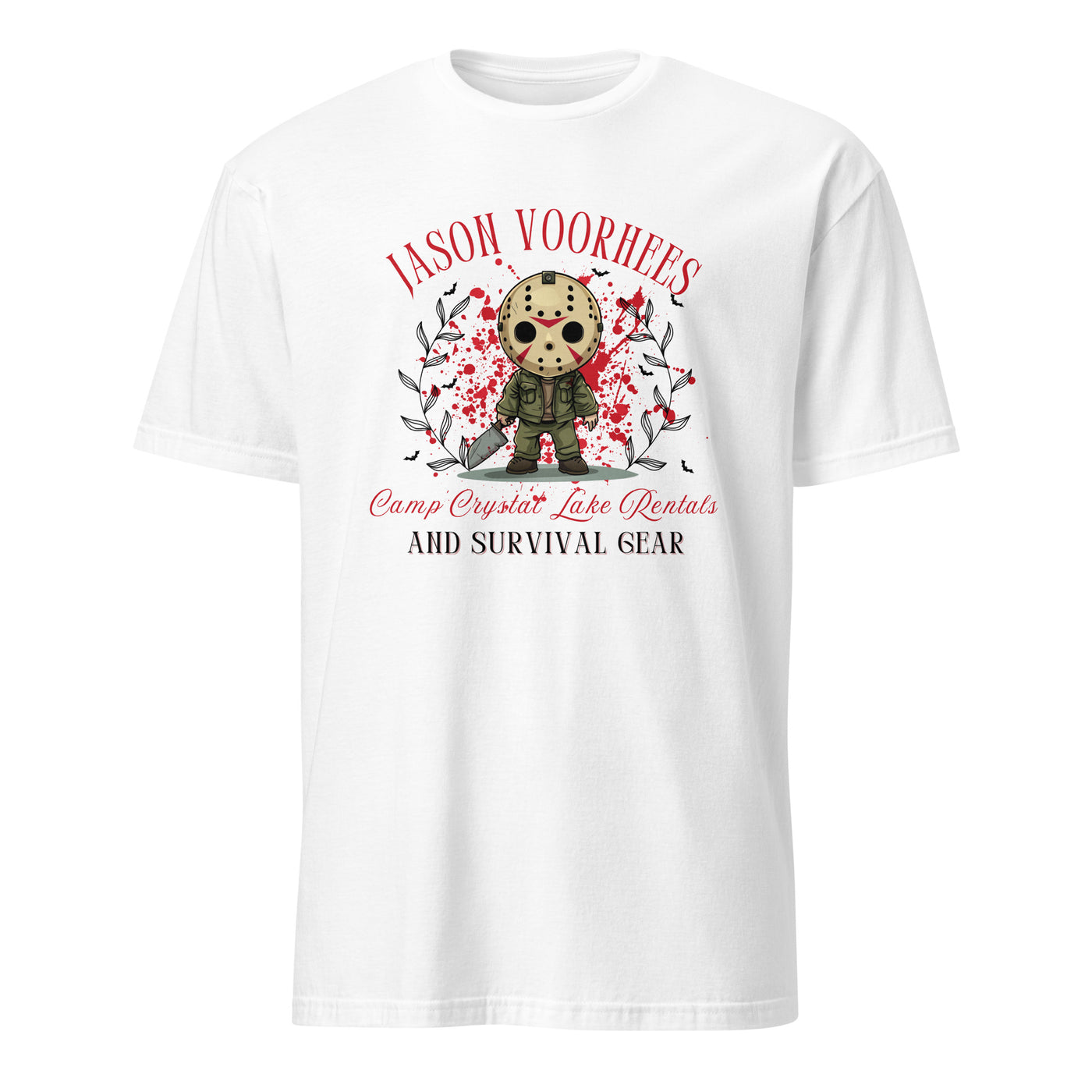 Jason Voorhees Halloween tee featuring Camp Crystal Lake Rentals design with playful horror elements.