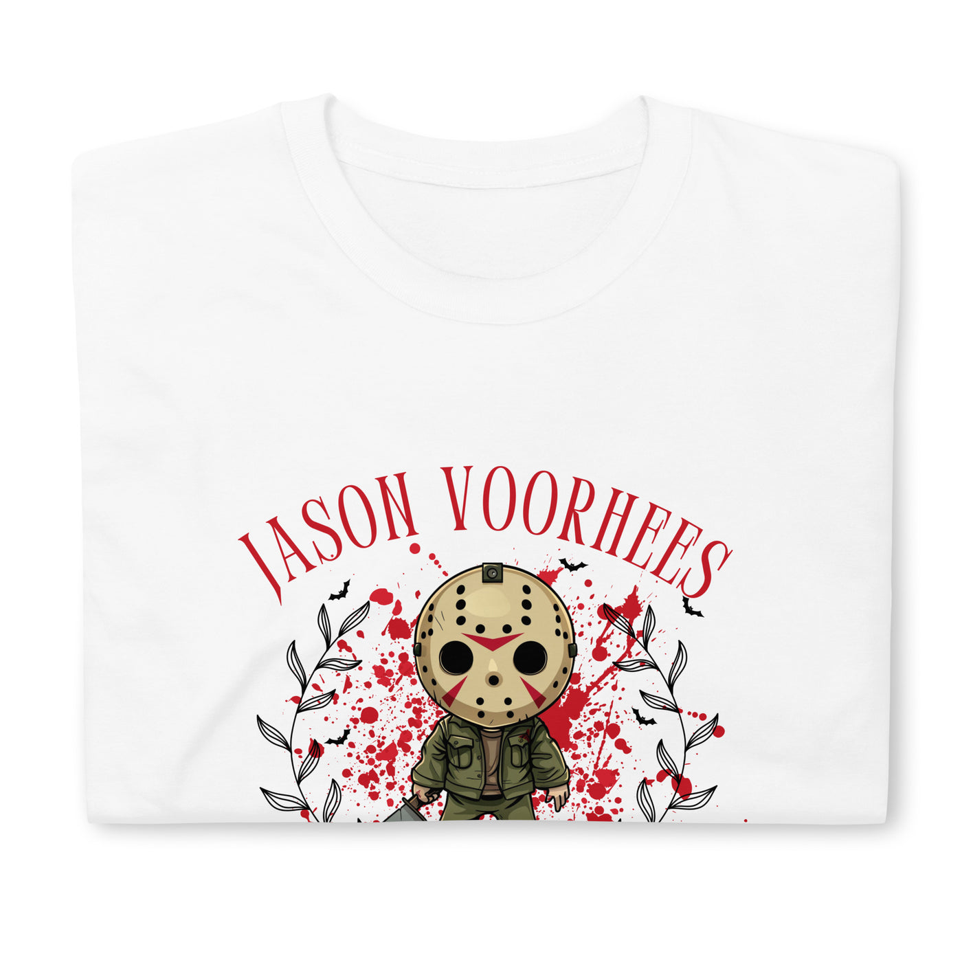 Jason Voorhees Halloween tee featuring a playful design with blood splatters and cartoonish character on a white shirt.