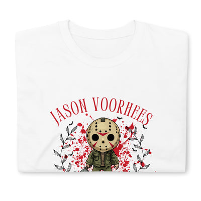 Jason Voorhees Halloween tee featuring a playful design with blood splatters and cartoonish character on a white shirt.